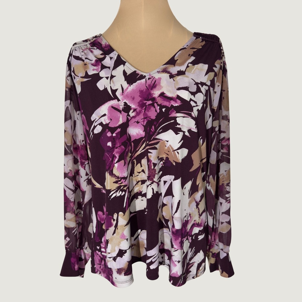 3375 | Calvin Klein Floral V-Neck Sheer Long Sleeve Blouse Plum Multi Women XL